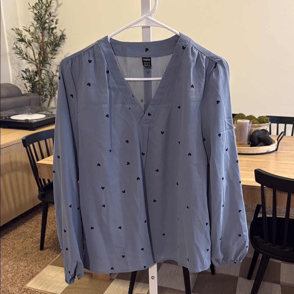 Blue semi sheer Blouse with heart pattern new without tags